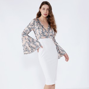 Fehér virágos burkolat, karmantyú ujjú, hivatalos Bodycon ruha, 2019 női ruházat